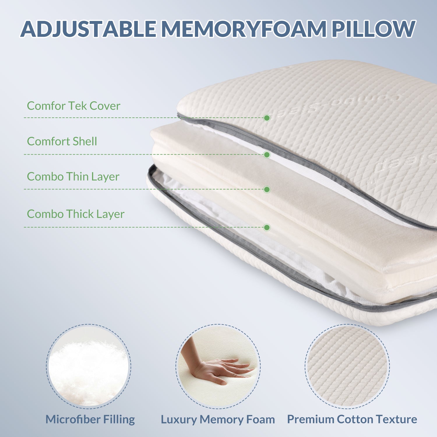 ComboPillow - Patented With 8 Adjustable Heights Pillow
